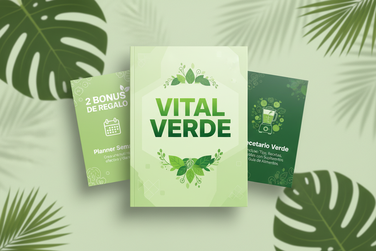 CREA LA IMAGEN DEL EBOOK VITAL VERDE CON 2 BONUS DE REGALO EL planner semanal para crear una rutina eficaz y clara  y el recetario verde que incluye tips recetas y comidas con suplementos y una guia de alimentos